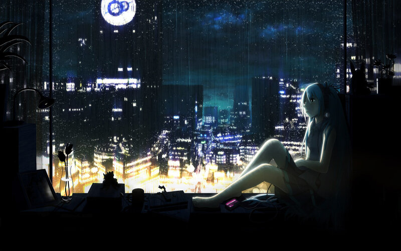 Anime girl at window in rain