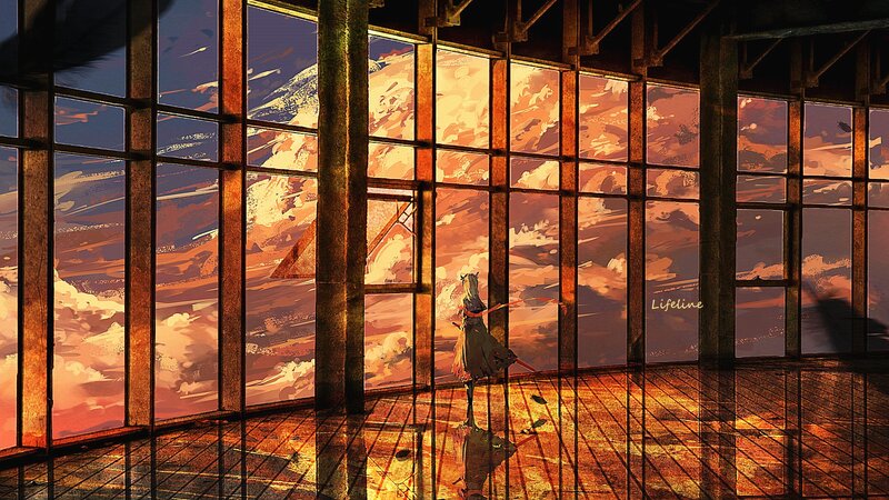 Anime Girl at Window — Orange, Dramatic, Sunset