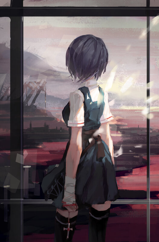 Anime Girl at Window — Purple, Melancholic