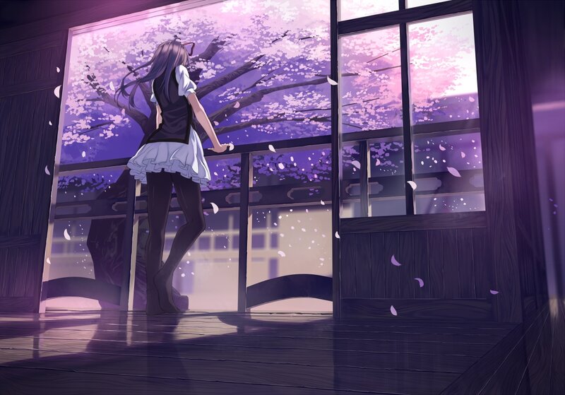 Anime Girl at Window — Purple, Serene, Spring