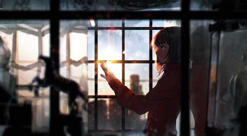 Anime Girl at Window — Red, Dramatic, Sunset, Digital Art