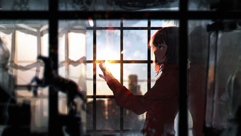 Anime Girl at Window — Red, Dramatic, Sunset