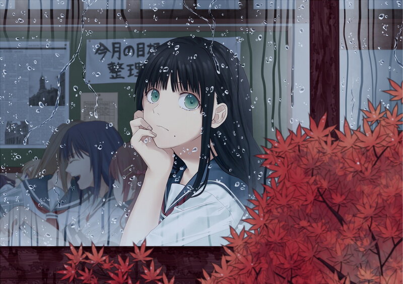 Anime Girl at Window — Red, Melancholic
