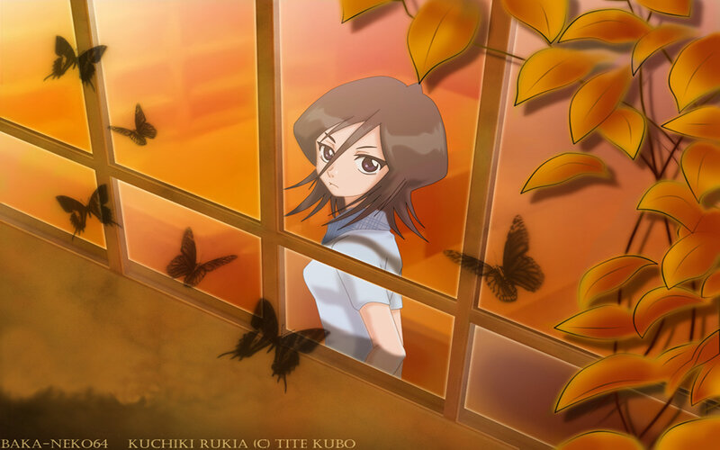 Anime girl at window with butterflies