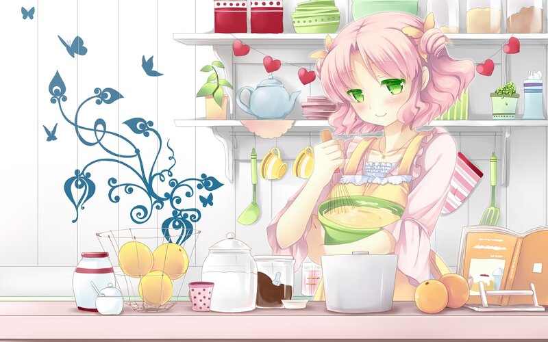Anime girl baking in kitchen