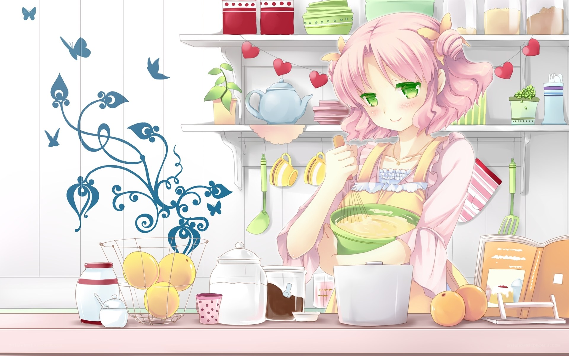 Anime girl baking in kitchen