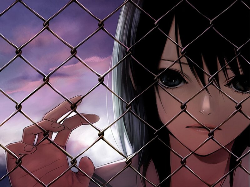 Anime Girl Behind Fence — Purple, Dramatic, Sunset, Manga, Hand