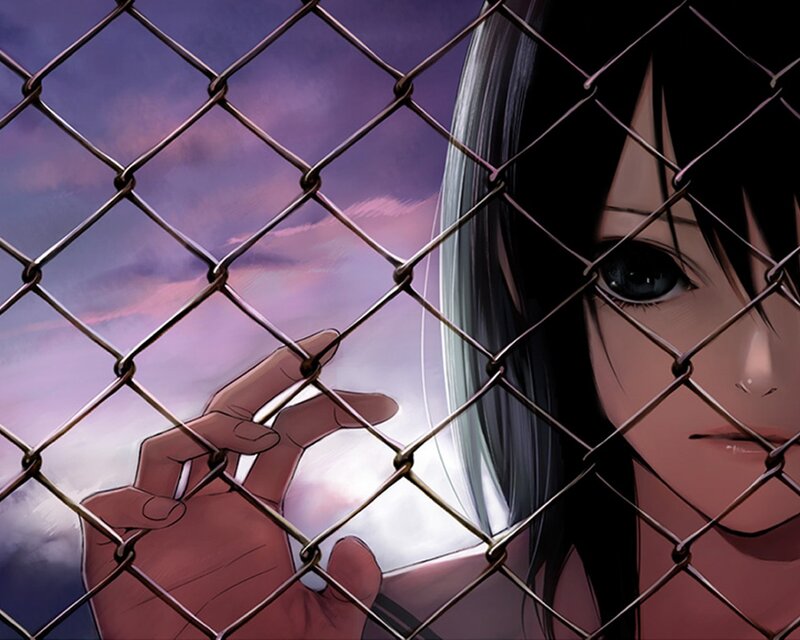 Anime Girl Behind Fence — Purple, Dramatic, Sunset, Manga