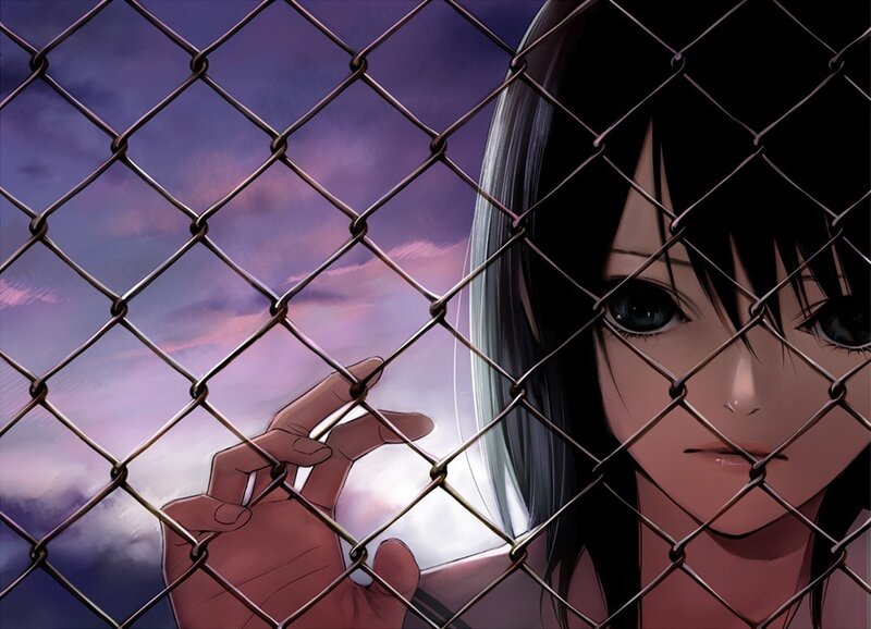 Anime Girl Behind Fence — Purple, Dramatic