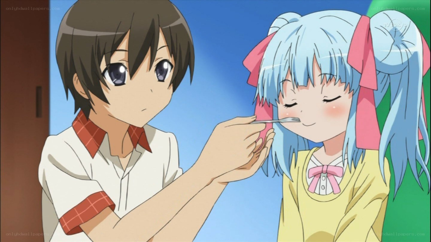 Anime girl being fed by boy