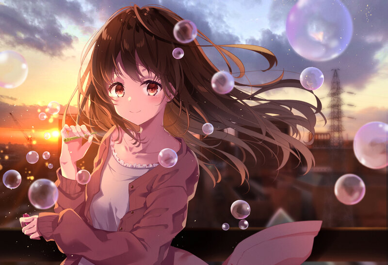 Anime Girl Blowing Bubbles — Purple, Serene