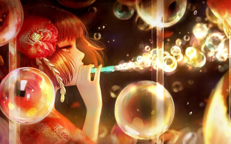 Anime Girl Blowing Bubbles — Red