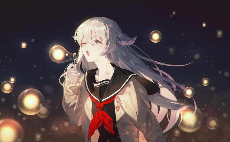 Anime Girl Blowing Bubbles — White