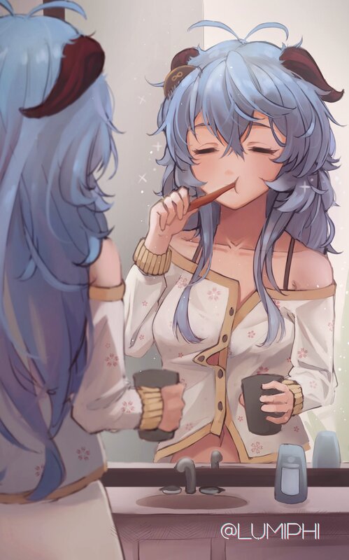 Anime Girl Brushing Teeth — Blue, Calm, Morning, Digital Art