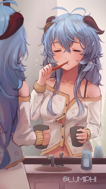 Anime Girl Brushing Teeth — Blue, Calm