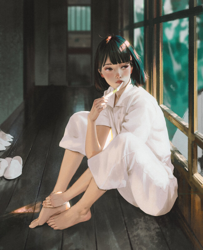 Anime Girl Brushing Teeth — White