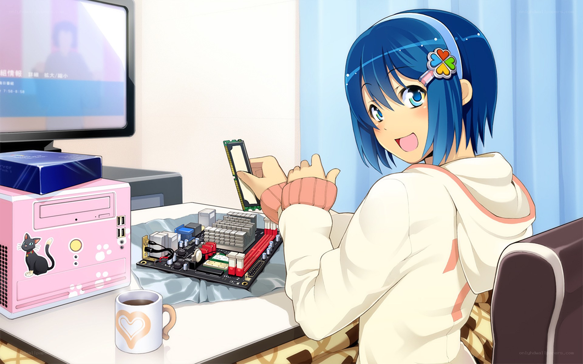 anime girl building computer