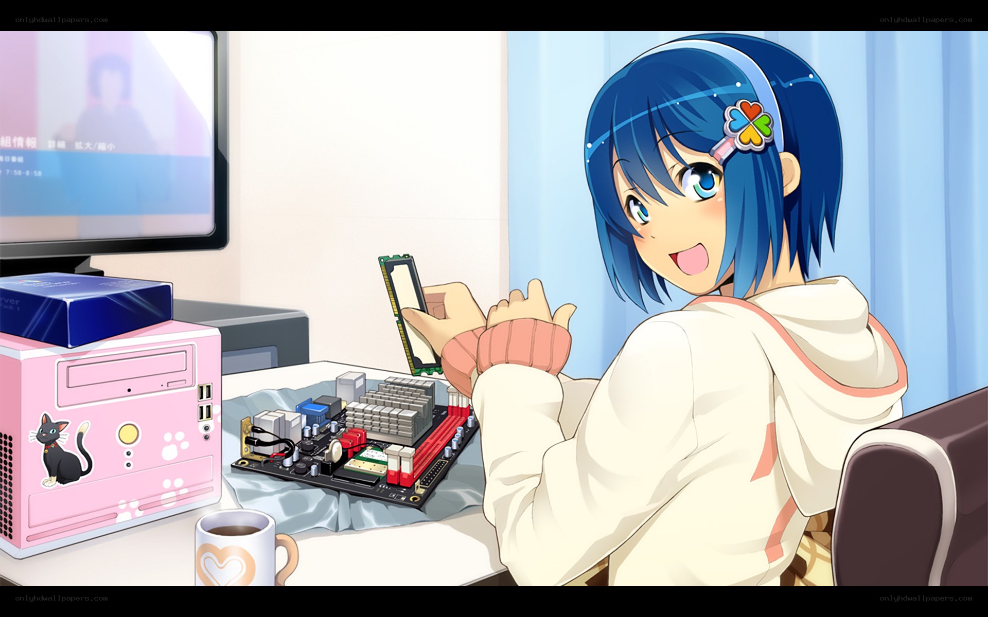 anime girl building computer