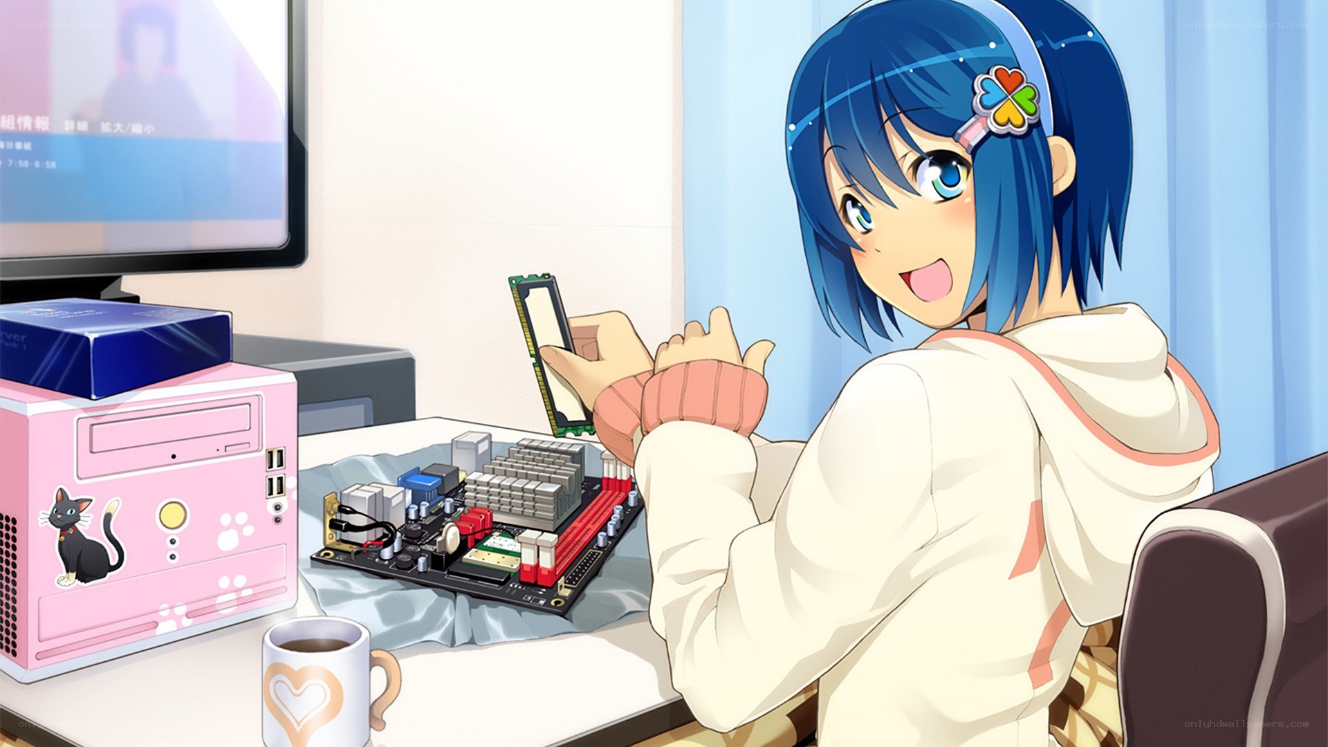 anime girl building computer