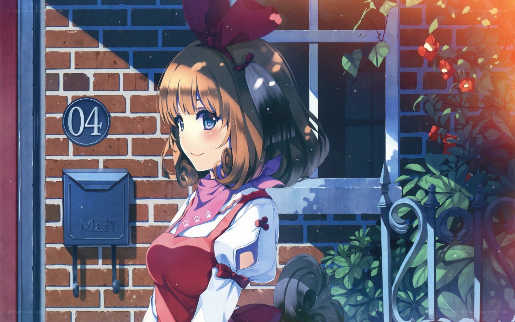 anime girl by a brick house