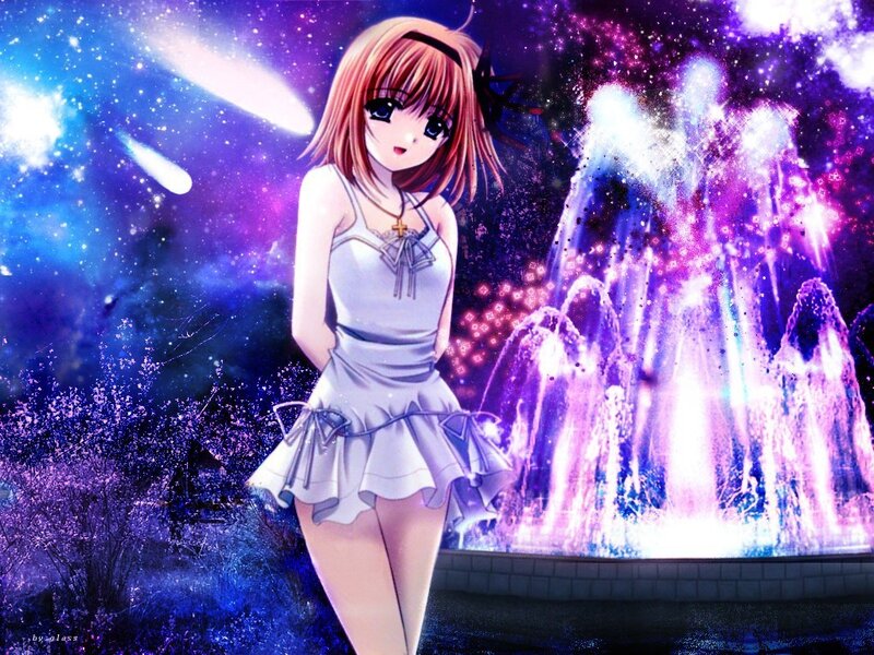 Anime girl by a fountain