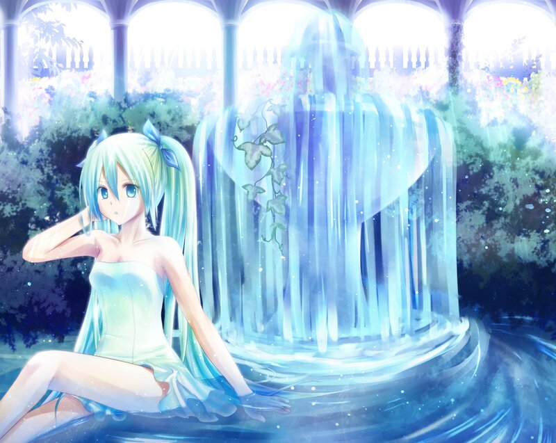 Anime girl by a fountain