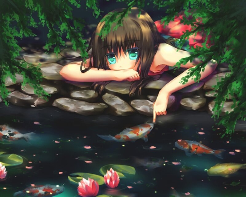 Anime girl by a koi pond
