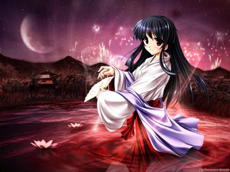Anime girl by a lake at night