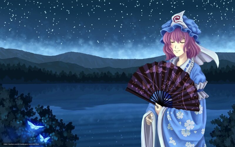 Anime girl by a lake at night