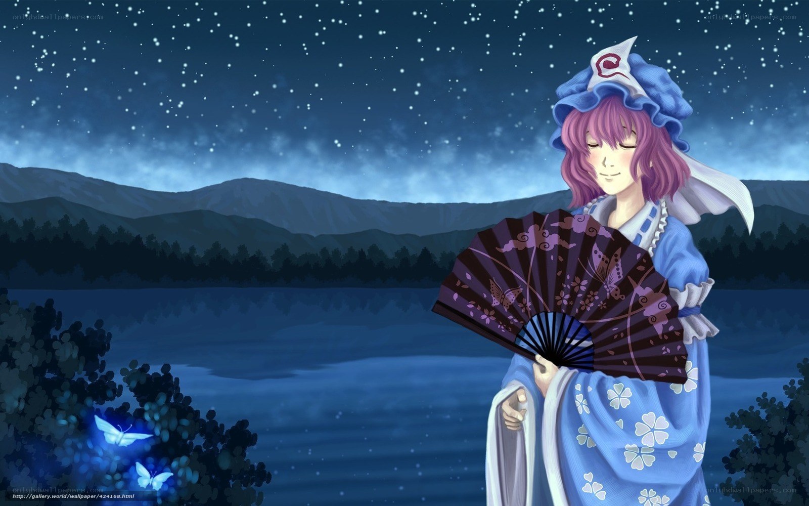 Anime girl by a lake at night