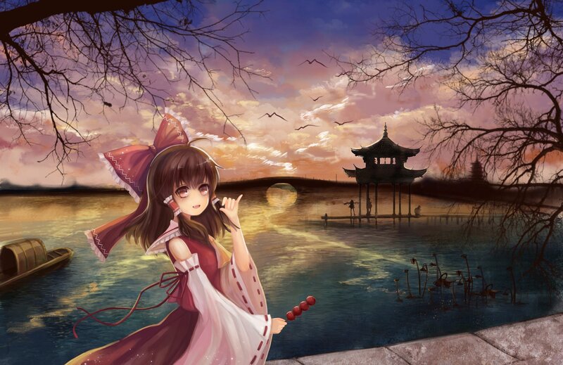 Anime girl by a lake at sunset