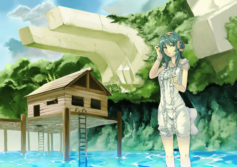 Anime girl by a lakeside hut