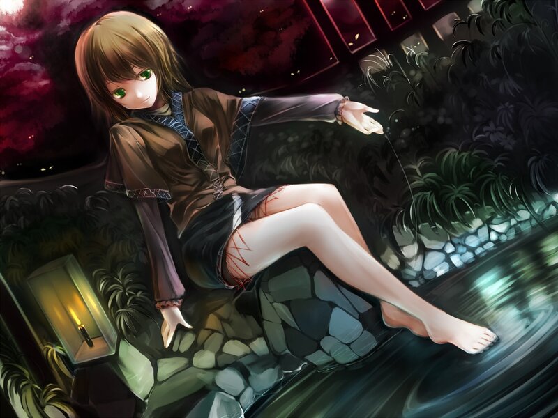 Anime girl by a pond at night