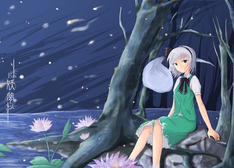 Anime girl by a pond at night