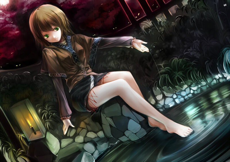 Anime girl by a pond at night