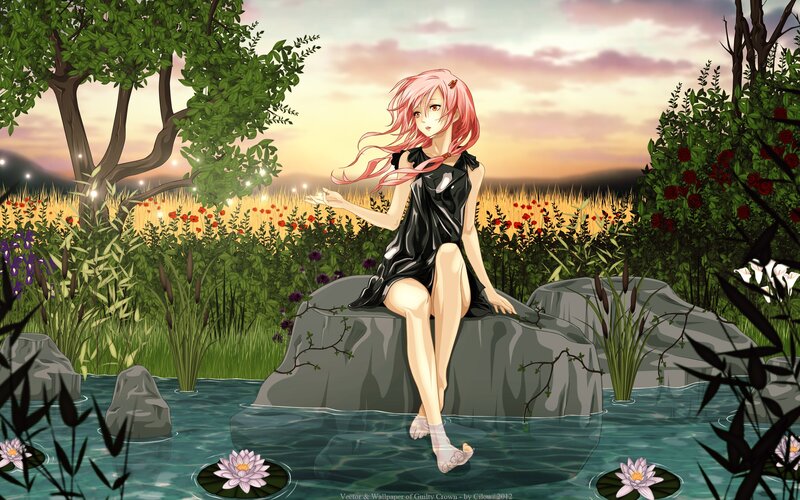 Anime girl by a pond at sunset