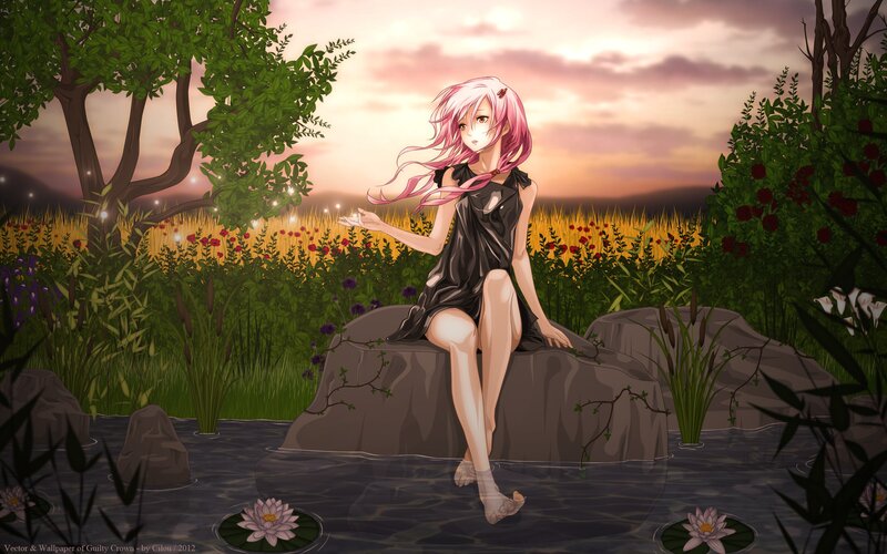 Anime girl by a pond at sunset
