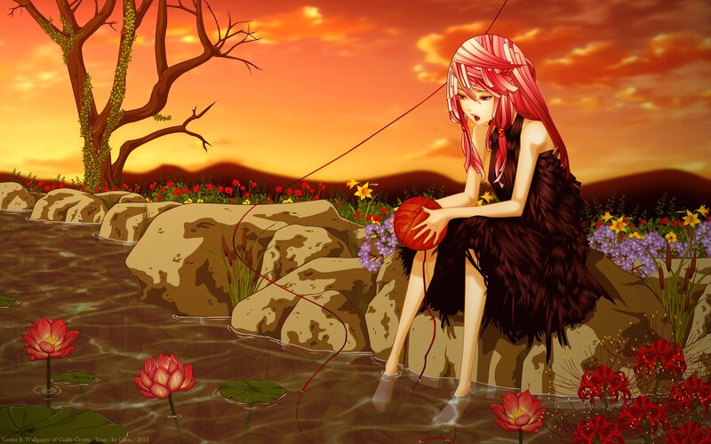 Anime girl by a pond at sunset
