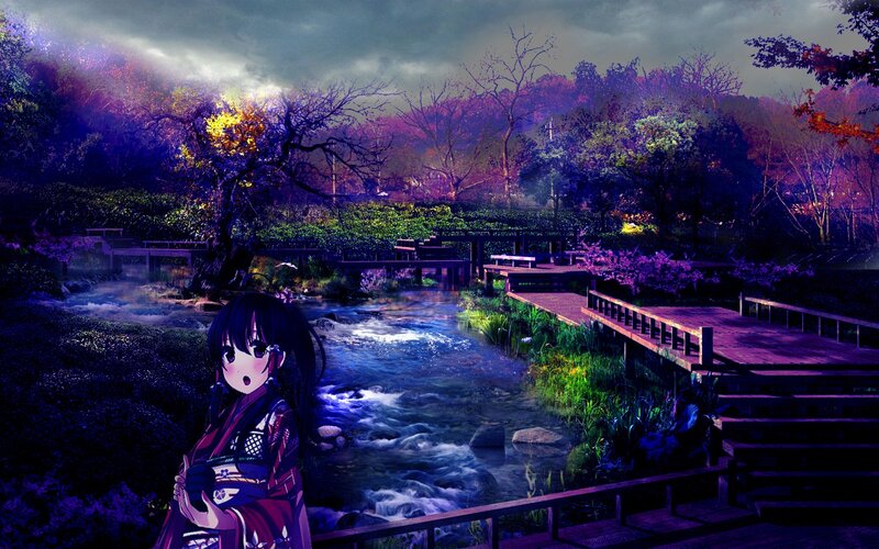 Anime girl by a river at dusk