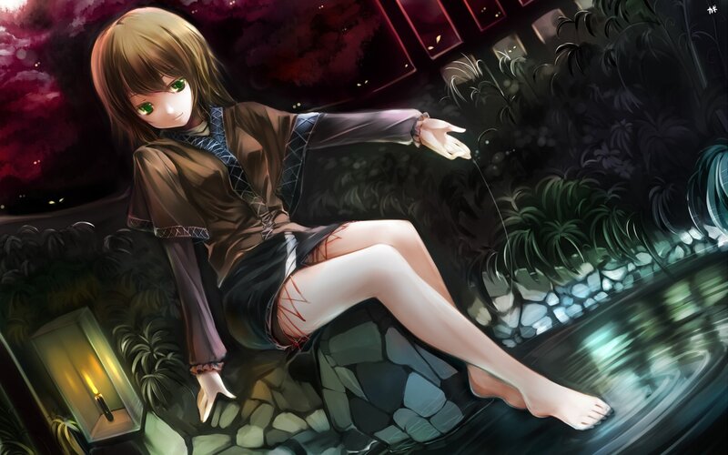 Anime girl by a river at night