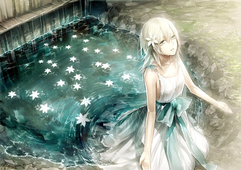 anime girl by a starry pond