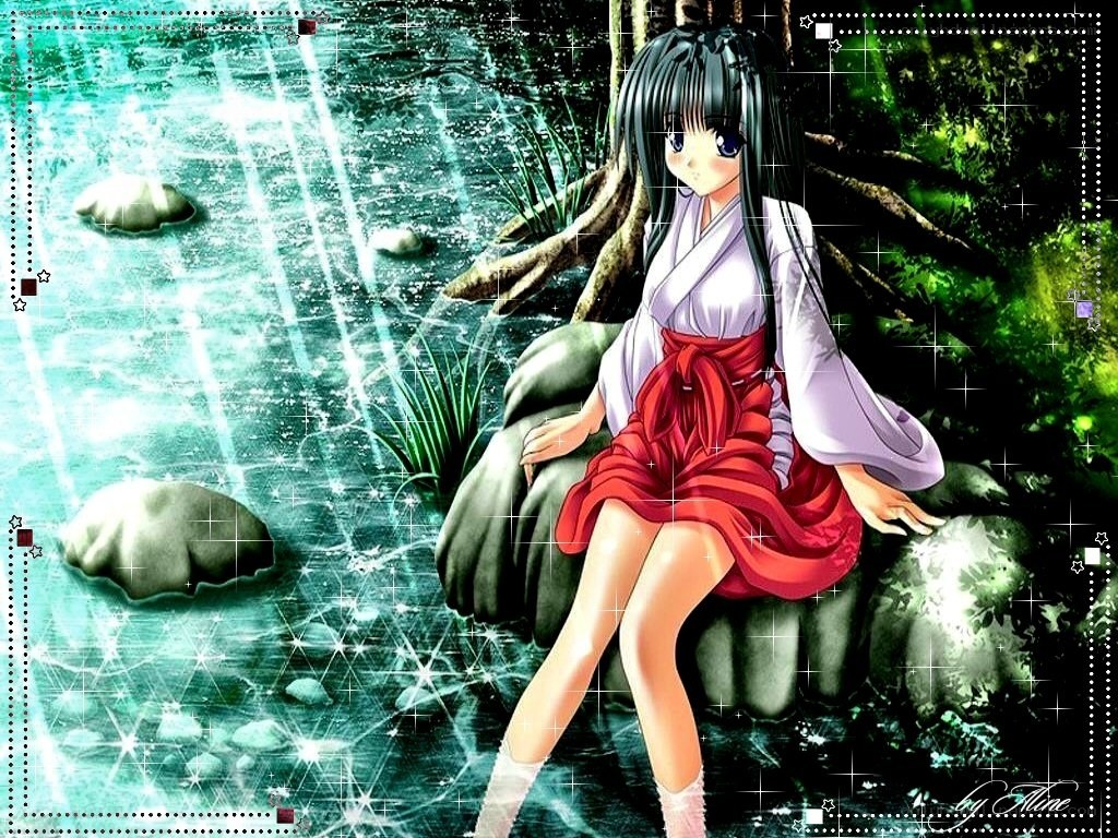 Anime girl by a stream