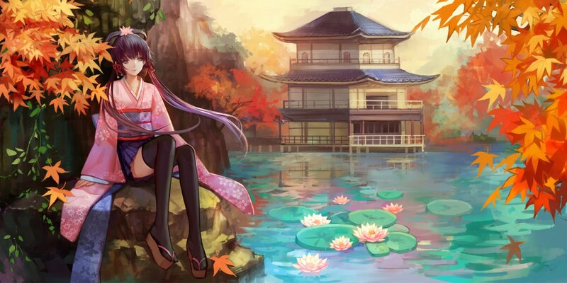 Anime girl by autumn pond
