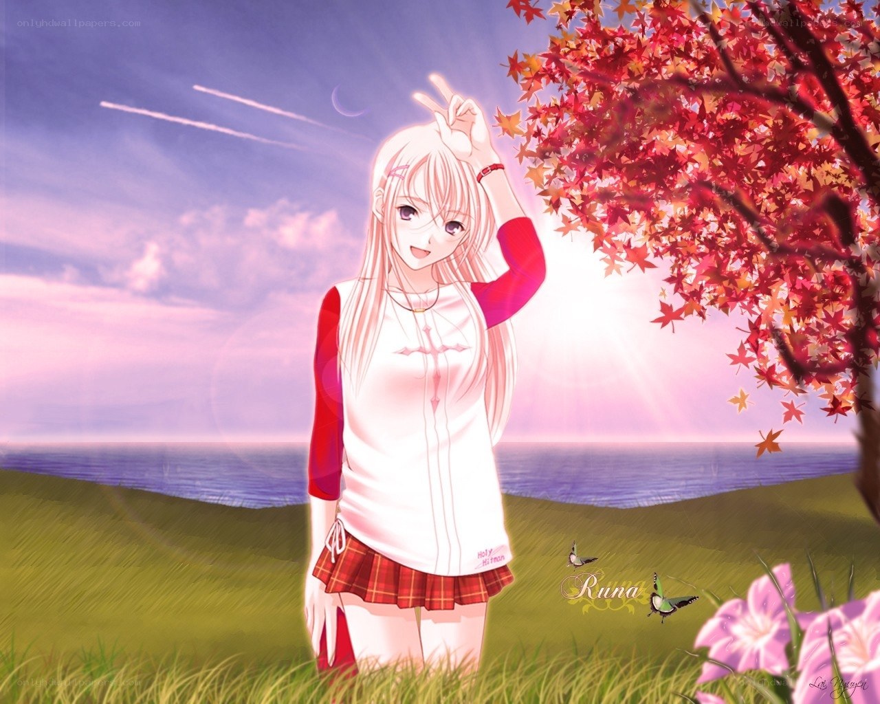 Anime girl by autumn tree