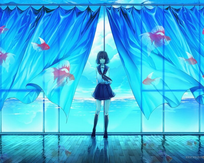 Anime girl by blue curtains