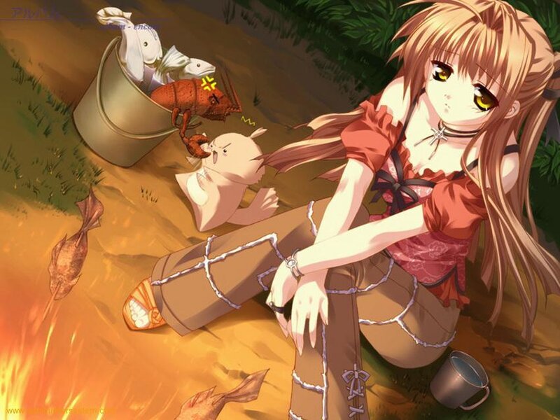 Anime girl by campfire with animals