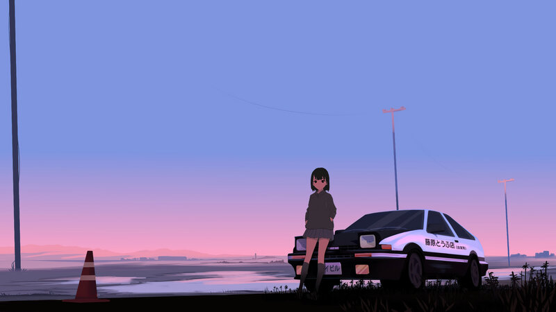 Anime Girl by Car — Blue, Serene, Sunset, Digital Art