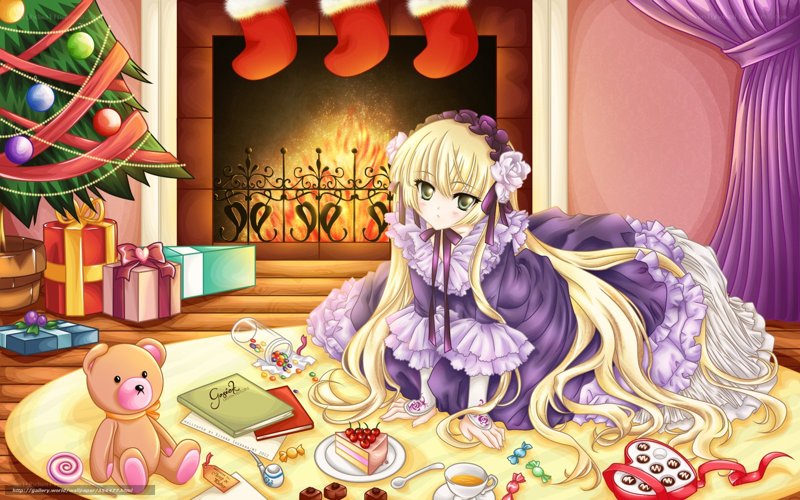 Anime girl by Christmas fire