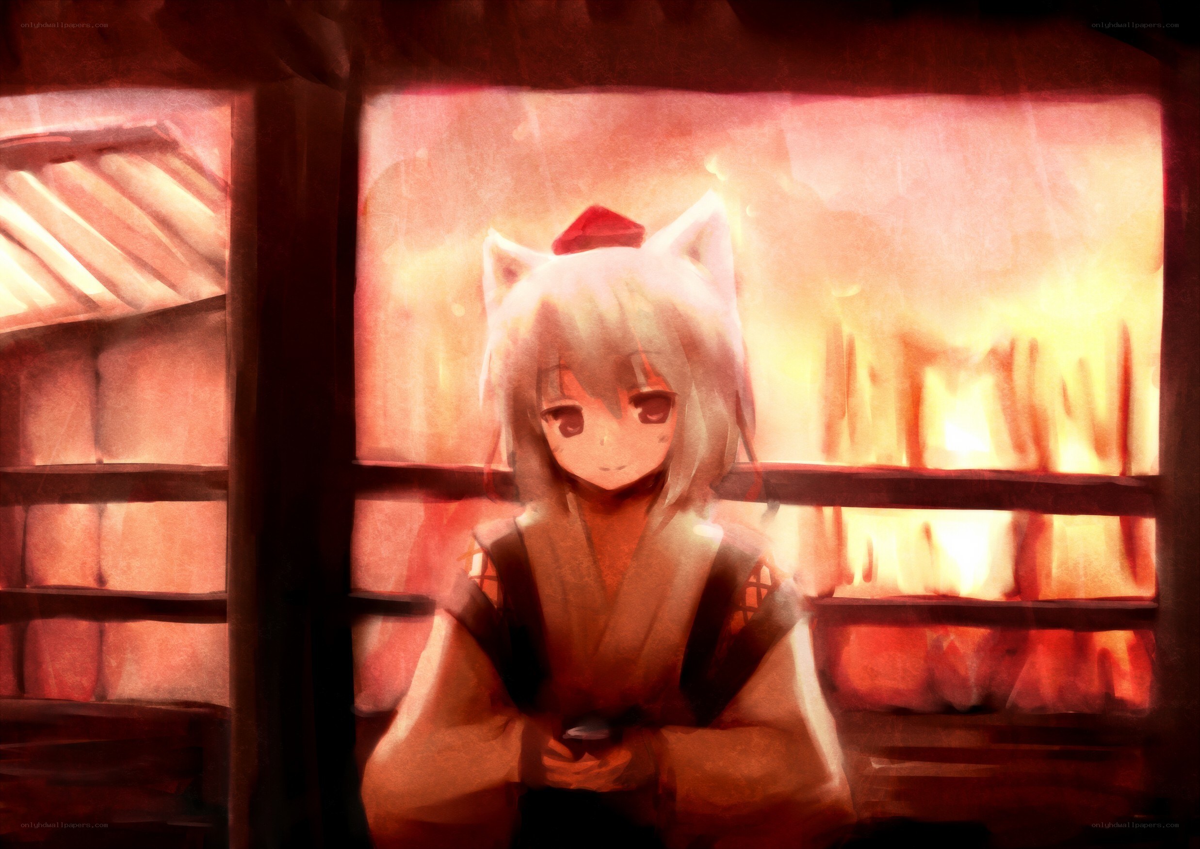 anime girl by firelight