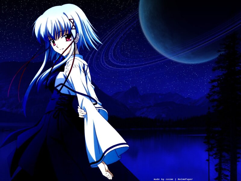 anime girl by lake at night